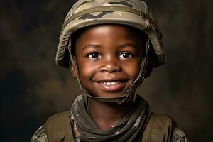 ritratto di un' carino poco ragazzo nel militare uniforme su buio sfondo ai generato foto