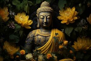 Budda statua circondato di giallo fiori ai generato foto