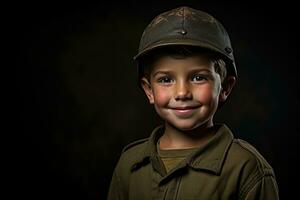 ritratto di un' carino poco ragazzo nel militare uniforme su buio sfondo ai generato foto