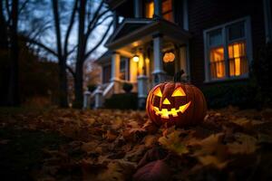 Halloween zucche nel davanti di un' Casa a notte, Halloween sfondo ai generato foto