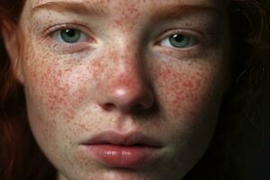 un' vicino su di un' donna con lentiggini, rosacea couperose arrossamento pelle ai generato foto