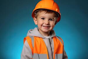 ritratto di un' carino poco ragazzo nel un' costruzione casco ai generato foto