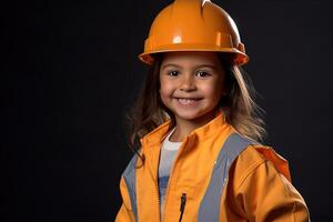 ritratto di un' sorridente poco ragazza nel un' costruzione casco ai generato foto