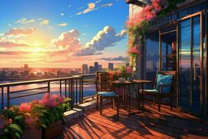 balcone tramonto anime visivo romanzo gioco. creare ai foto