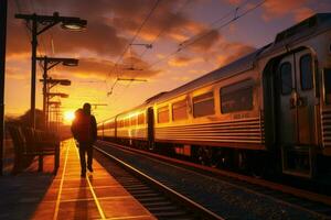 treno partenza dopo fermare tramonto. creare ai foto