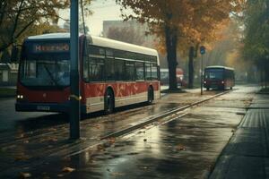 autobus in arrivo stazione tempo atmosferico. creare ai foto