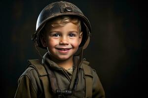 ritratto di un' carino poco ragazzo nel militare uniforme su buio sfondo ai generato foto