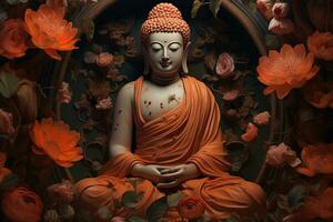 Budda statua circondato di arancia fiori su un' nero sfondo ai generato foto