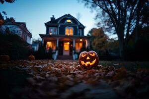 Halloween zucche nel davanti di un' Casa a notte, Halloween sfondo ai generato foto