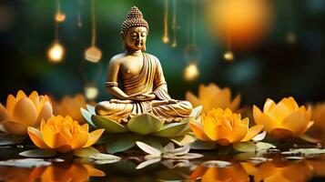 Budda su loto fiore contro radiante arancia fondale foto