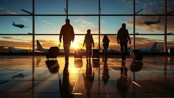 famiglia viaggiare, sagome di persone nel aeroporto, generativo ai foto