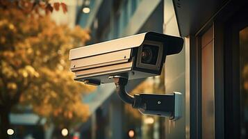 sicurezza telecamera su moderno costruzione. cctv su il parete nel il costruzione, generativo ai foto