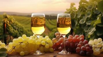vite eleganza. bicchieri di vino impostato in mezzo uva, un' panoramico sinfonia foto