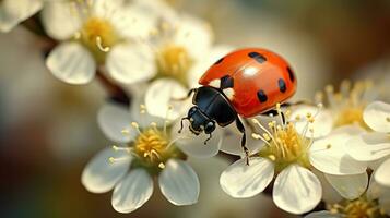 super macro catturare di di coccinella dagli occhi neri bellezza su bianca fiorire foto