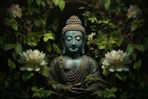 Budda statua con loto fiore e verde le foglie sfondo ai generato foto