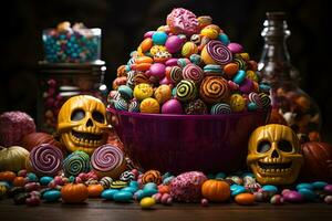 ai generato. Halloween caramelle e dolci su buio sfondo foto