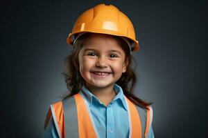ritratto di un' sorridente poco ragazza nel un' costruzione casco ai generato foto