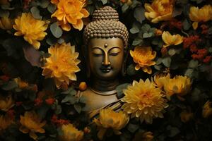un' d'oro Budda statua circondato di fiori ai generato foto