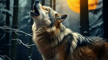 grigio di lupo piangere in mezzo il inverno boschi a notte foto