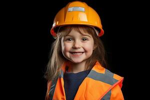 ritratto di un' sorridente poco ragazza nel un' costruzione casco ai generato foto
