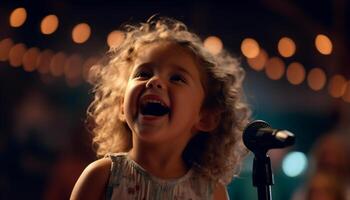 sorridente, carino caucasico ragazza cantando su palcoscenico, gioioso e giocoso generato di ai foto