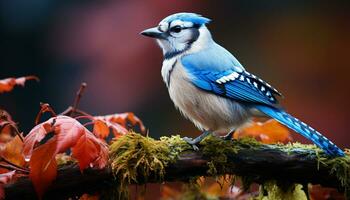 un' carino picchio muratore perching su un' ramo, circondato di autunno colori generato di ai foto