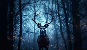 un' maestoso cervo sta nel un' nevoso foresta, illuminato di chiaro di luna generato di ai foto