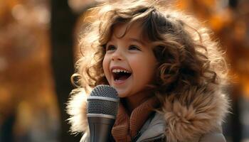 sorridente bambino all'aperto, allegro e carino, cantando con felicità generato di ai foto