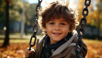 sorridente bambino giocando su oscillazione, godendo autunno all'aperto con felicità generato di ai foto