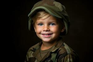 ritratto di un' carino poco ragazzo nel militare uniforme su buio sfondo ai generato foto