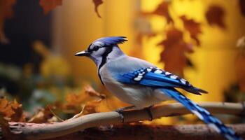 un' vivace blu ghiandaia perching su un' ramo nel autunno generato di ai foto