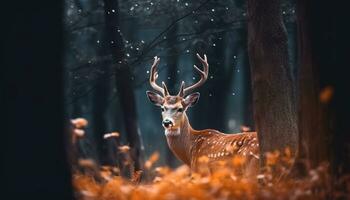 un' carino cervo sta nel il nevoso foresta a notte generato di ai foto