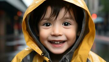 sorridente bambino nel impermeabile gode giocando all'aperto nel il pioggia generato di ai foto