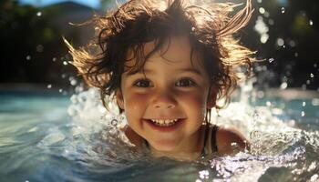 sorridente bambino gode estate divertimento, all'aperto, felicità, e acqua generato di ai foto