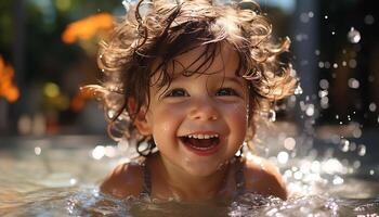 sorridente bambino gode bagnato estate, allegro divertimento nel nuoto piscina generato di ai foto