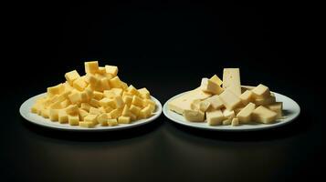 mucchio di formaggio su Due piatti isolato su nero sfondo. generativo ai foto