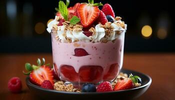 freschezza di estate frutti di bosco nel un' salutare fatti in casa Yogurt parfait generato di ai foto