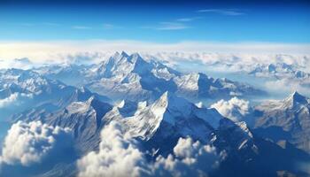 maestoso montagna picco, neve coperto, panoramico Visualizza, tranquillo scena, chiaro cielo generato di ai foto
