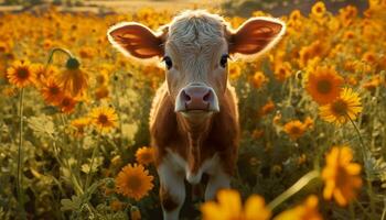 carino mucca sfiora su prato, circondato di giallo fiori generato di ai foto