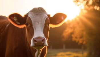 mucca pascolo nel un' verde prato, godendo il bellissimo tramonto generato di ai foto