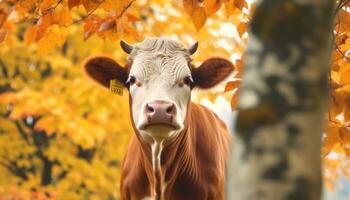 mucca pascolo nel un' verde prato, circondato di natura bellezza generato di ai foto