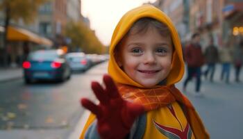 un' carino bambino sorridente all'aperto, portando felicità e allegro gioia generato di ai foto