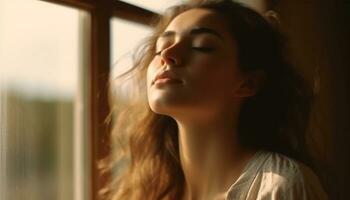 giovane adulto donna con Marrone capelli guardare su il finestra generato di ai foto