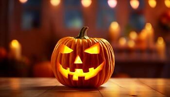 raggiante zucca lanterna luci su spaventoso Halloween notte celebrazione generato di ai foto