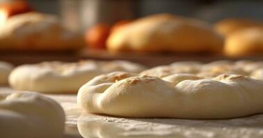 appena al forno pane su di legno tavolo, un' fatti in casa rustico pasto generato di ai foto