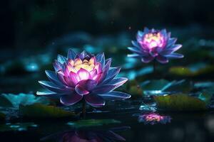 bellissimo rosa acqua giglio o loto fiore su buio sfondo ai generato foto