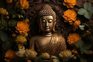 Budda statua circondato di giallo fiori ai generato foto
