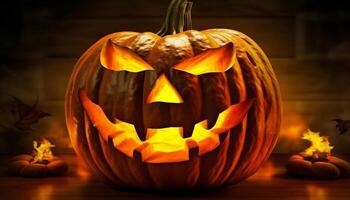 spaventoso Halloween notte, raggiante zucca lanterne illuminare il buio stagione generato di ai foto