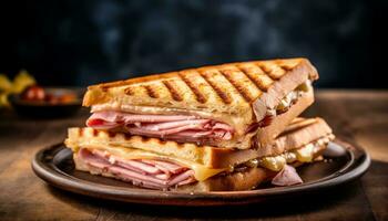 freschezza e pasto nel un' buongustaio Sandwich, grigliato per perfezione generato di ai foto