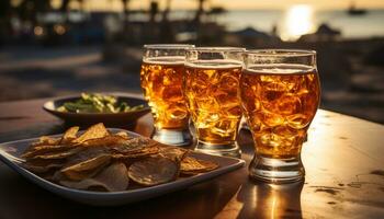 birra bicchiere su tavolo, tramonto a all'aperto sbarra, rinfrescante estate bevanda generato di ai foto